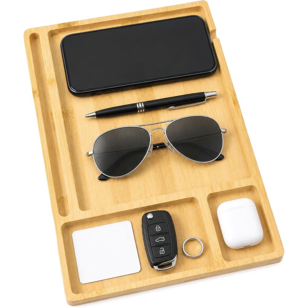 Bamboo Wood Valet Tray Mens Nightstand Organizer EDC Wallet Watch Keys Phone